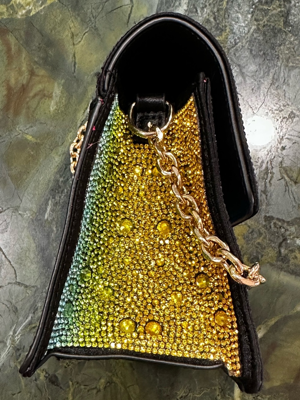 Betsey Johnson Multicolor Rainbow Crystals Crossbody with Gold Chain Strap 7”x5” - Picture 11 of 16